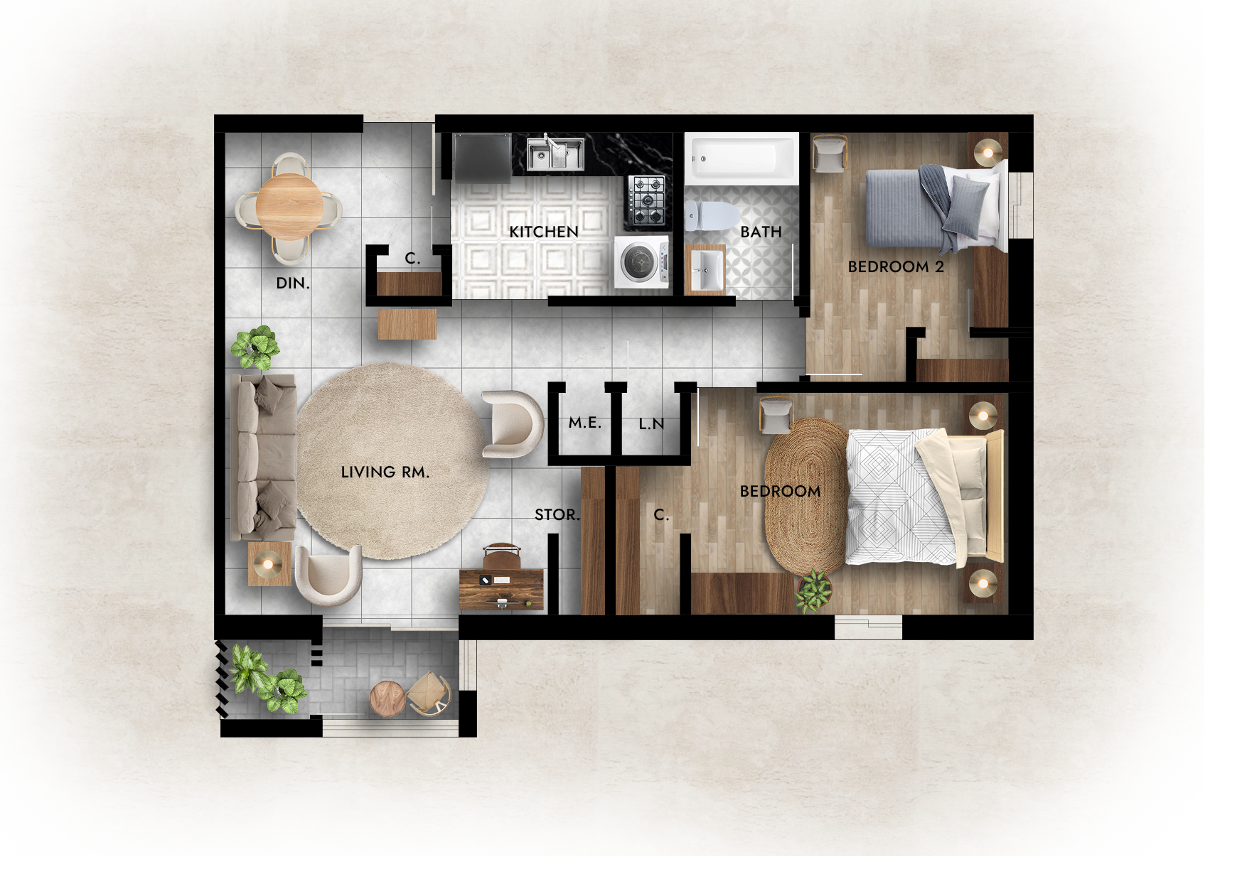 2/BR, 812 sq. ft.