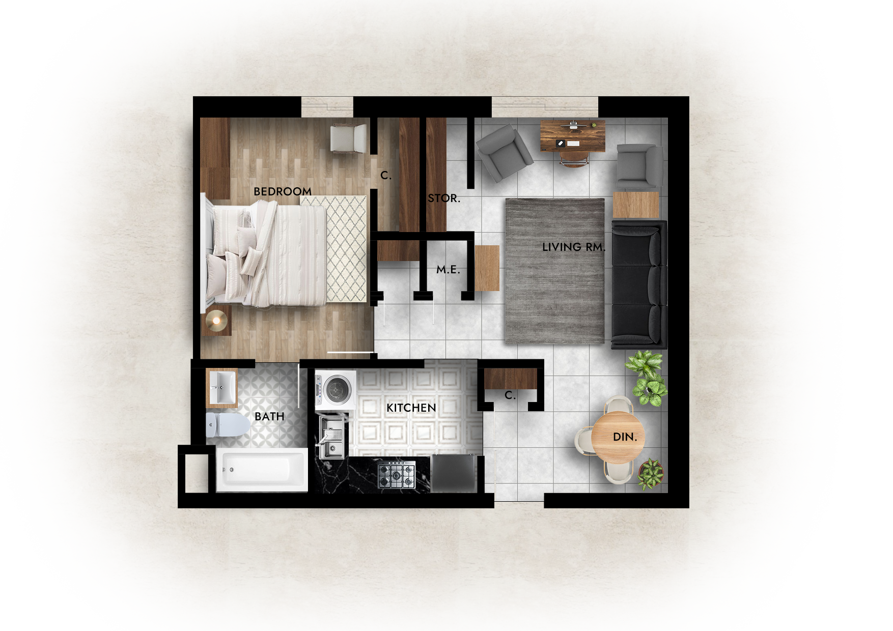 1/BR, 635 sq. ft.